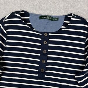 Lauren Ralph Lauren Shirt Women's XL Blue White Stripe Henley Preppy Nautical